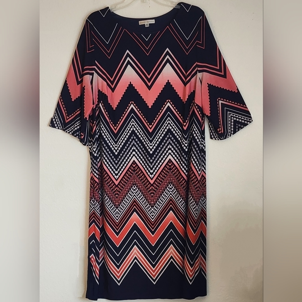 Sandra Darren Women's Shift Dress Pink Blue White Pullover 3/4 Sleeve Sz 18W